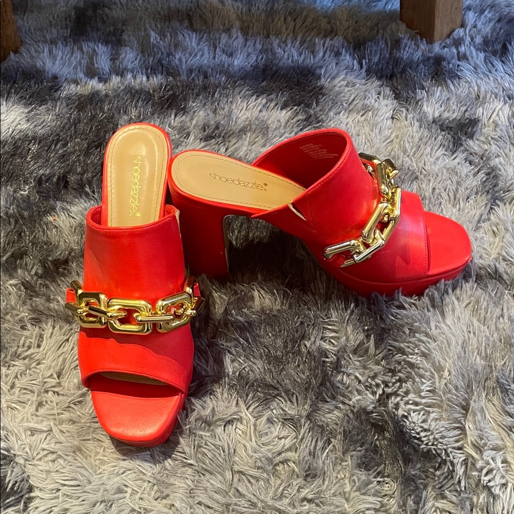 Shoe Dazzle Bold Red Mules with Gold Accent